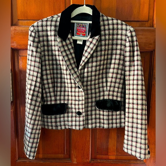 Vintage Fielding Crown Houndstooth Plaid Blazer Large 90s Preppy Wool Jacket - Picture 1 of 9